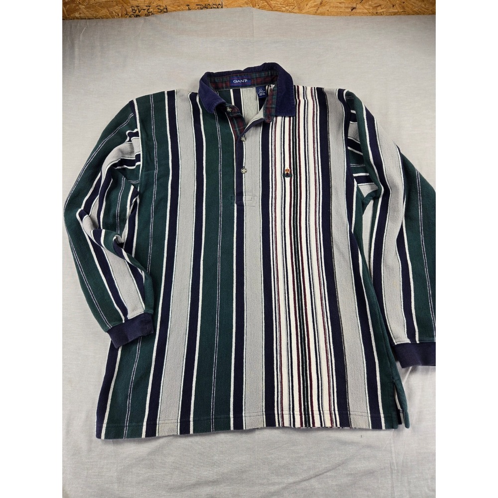 Gant Vintage Mens LT Tall Green Navy Striped Long Sleeve Polo Corduroy Collar